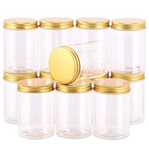 Tecbeauty 12-Pack 300ml Empty Large Refillable Clear Plastic Jars with Lids for Beauty Products, Round Containers for Slime, Cream, Multi Use, Gold