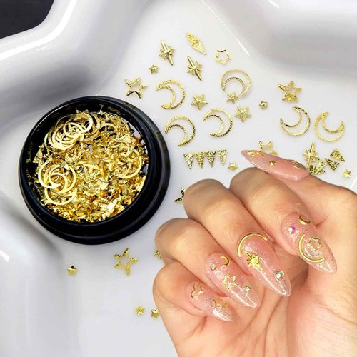2 Box Gold Star Moon Nail Charms 3D Metallic Art Studs for Jewelry Decorations Luxury Design Supplies Accessories DIY Acrylic Kit