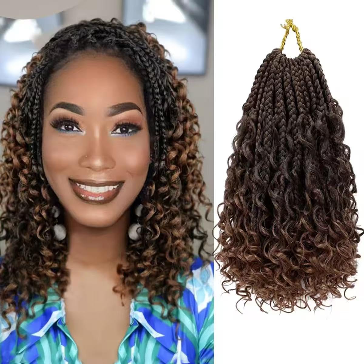 Goddess Box Braids Crochet Hair 10 Inch 8 Packs Pre-looped Bohemian Crochet Boho Box Braids With Curly Ends 3X Crochet Braids Hair for Women Synthetic Braiding Hair (10 inch, T30)