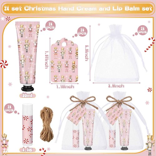 Dansib 24 Sets Christmas Pink Nutcracker Hand Cream and Candy Lip Balm Gift Christmas Party Favors Travel Size Hand Lotion and Lip Balm Bulk Wedding Bridal Baby Shower Party Supplies for Guest