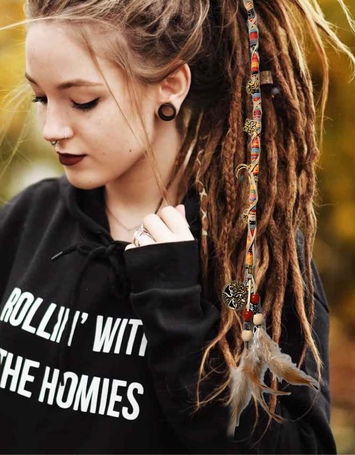 Nutty Natte 2 PCS Hippie Hair Extension Dreadlocks Hairclip Feather Beads Pendant Dread Wrap Hair Fall Hair Wrap Colorful Accessories for Dreads Braids Curls