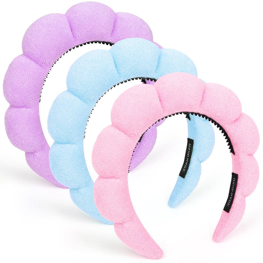 Wecoe 3pcs Skincare Headband For Washing Face Spa Headband with Teeth Makeup Face Wash Headband Cute Pink Purple Blue Puffy Sponge Bubble Headband Hair Accessories For Women Girls Kids Teens Gifts