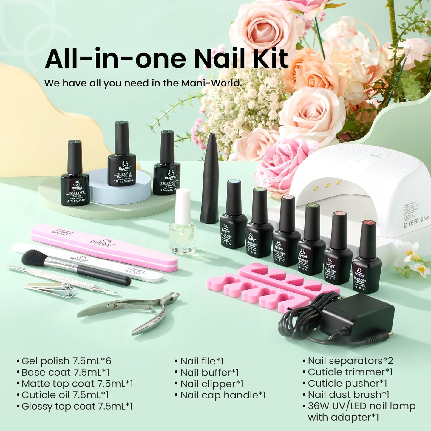 Beetles Gel Nail Polish Set with UV Light 36W Led Nail Lamp 6 Colors Pink Green Blue Glitter Spring Gel Polish Starter Kit Soak off UV Led Manicure Salon DIY Home Gifts for Women