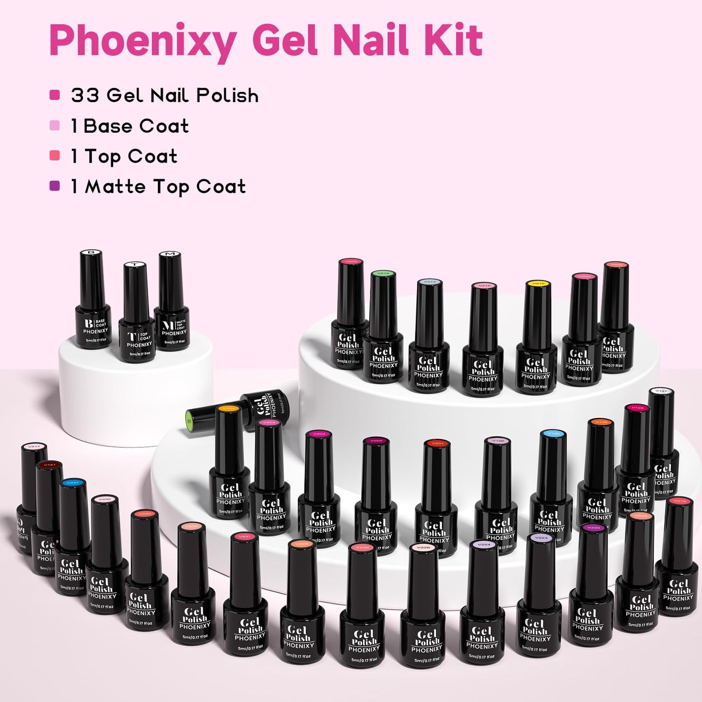 phoenixy Gel Nail Polish Kit - 36Pcs Gel Polish Kit All Seasons Colors Matte Top Base Coat Nail Polish Set Green Blue Red Pink Collection Gifts for Women Glass Bottle 5 ml/0.17 oz.