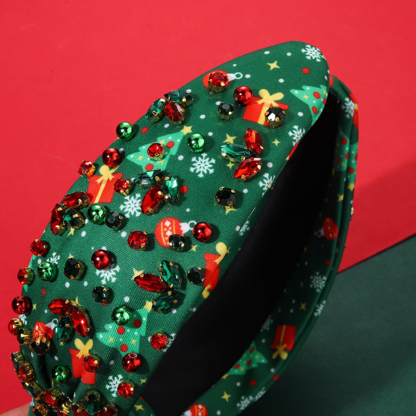 Christmas Headband Crystal Knotted Headbands for Women Girls Red Green Rhinestone Jeweled Embellished Wide Top Knot Hairband Xmas Holiday Party Hair Accessories (Green-Box Print)