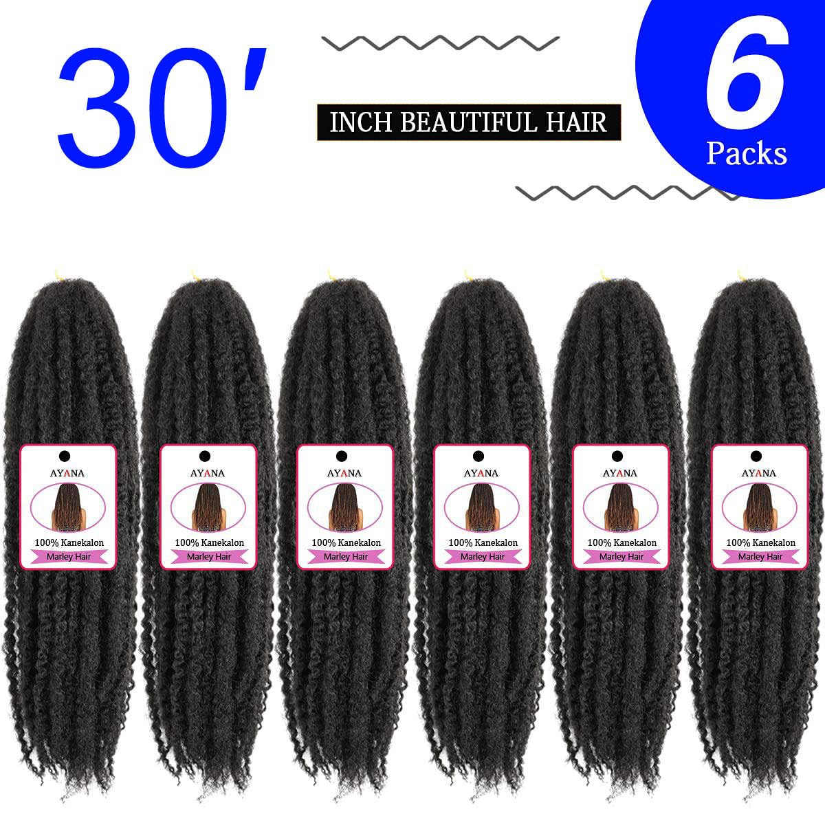 30 Inch Marley Twist Braiding Hair Marley Hair Crochet Braids 6Pack Long Afro Kinky Synthetic Kanekalon Fiber Marley Hair For Twists Braiding Hair Extensions(30 inch，1B)