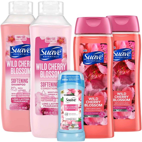Suave Shampoo, Conditioner & Body Wash 2-Pack + Invisible Solid Antiperspirant Deodorant for Women, Wild Cherry Blossom, 48H Protection