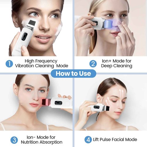 UNIWA Skin Scrubber Face Spatula, Skin Scrubber Pore Cleaner Blackhead Remover Tool for Deep Facial Cleansing - 4 Modes, Face Spatula with USB Charger, LCD Display, IPX7 Waterproof - White