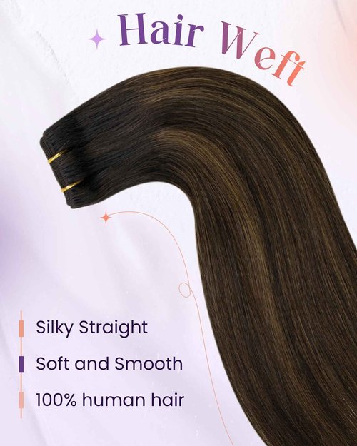 LaaVoo Weft Hair Extensions Human Hair Brown Weft Extensions Real Human Hair Silky Straight Sew in Hiar Extensions Dark Brown Mix Light Brown Balayage Short 12 Inch 80g