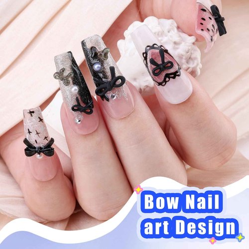 1 Box Black Mini Bow Nail Charms,3D Resin Bows Charms Cute Flat Back Nail Bow Tiny Bowknot with Pickup Tools for Women Nail Decoration Crafts DIY
