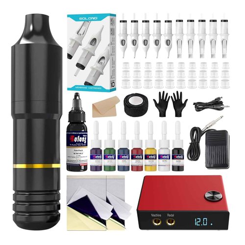 Tattoo Gun, Solong Complete Rotary Tatto Machine for Beginners and Artists Professional Tattoo Gun Kit with Tattoo Catridges Needles and Tattoo Ink(60 Piece Set)