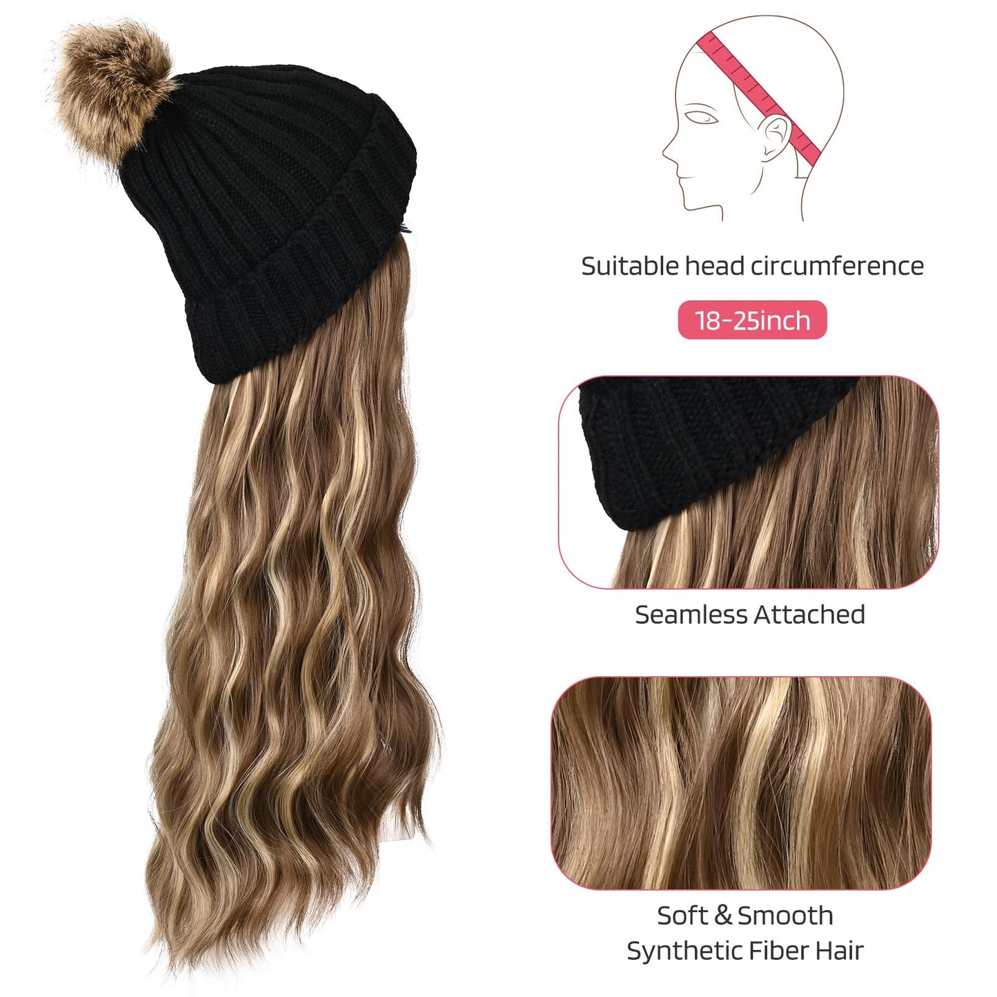 HOOJIH Hat Wig, Hat with Hair Long Wavy Curly Warm White Beanie Hat Wig with Faux Fur Pom Hat Attached 12 Inch Synthetic Hairpiece for Women Girls Winter - Light Golden Blonde with White Blonde