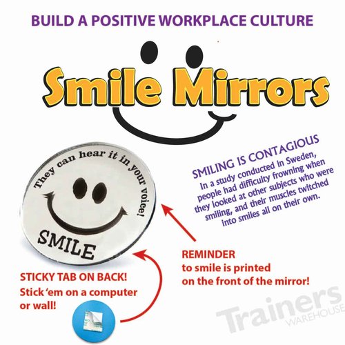 Trainers Warehouse Mini Round Smile Mirrors (10/Set) | A Reminder to Communicate Positive Energy Through Voice - Handy Mini-Mirror | 2.25 Inch Diameter Adhesive Backing