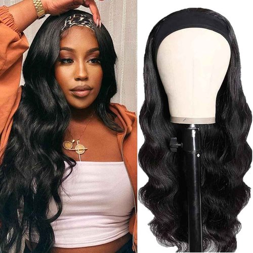 Fylora Headband Wig Human Hair Body Wave 14 Inch Headband Wigs for Black Women Brazilian Virgin Hair Wear and Go Glueless Wig None Lace Front Wigs for Beginners 150% Density Natural Black Color