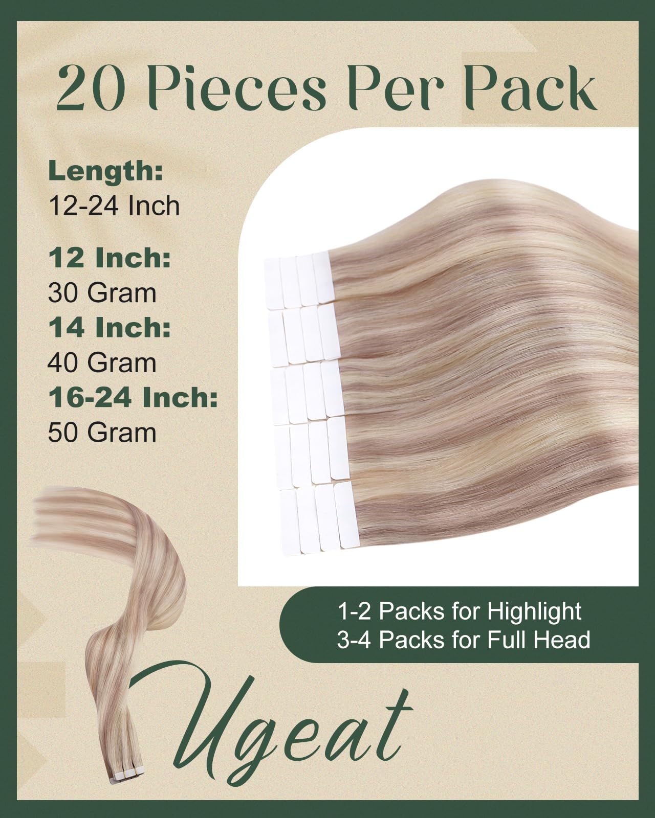 Ugeat Tape in Hair Extensions Real Human Hair Blonde Hair Extensions Tape in Ash Blonde Highlights Bleach Blonde Human Hair Invisible Tape in Extensions for Short Hair 10Inch 20pcs 30G