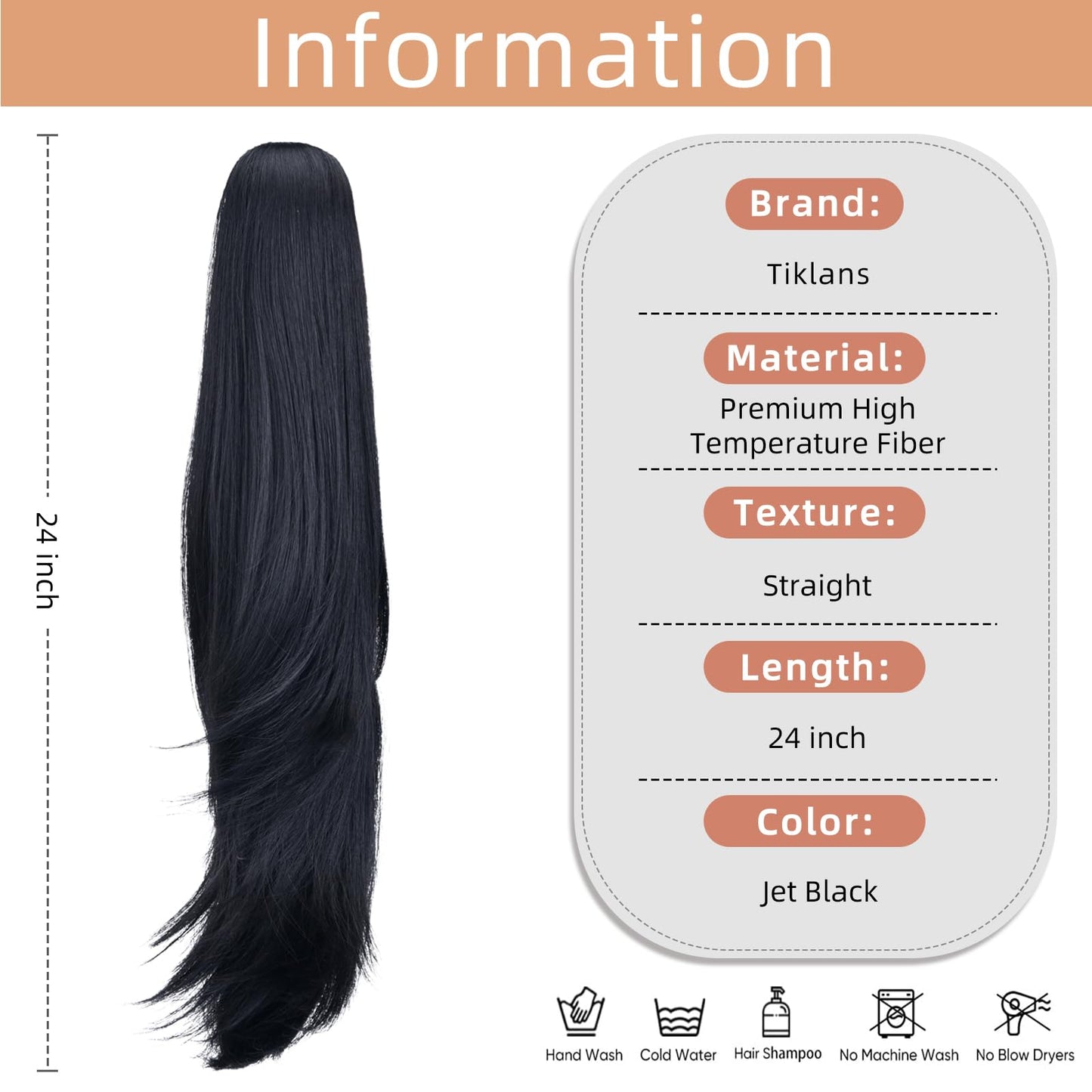 Tiklans Black Ponytail Extension,24" Clip in Ponytail for Women Long Straight Ponytail Hair Extension Synthetic Heat Friendly Fiber for Girls