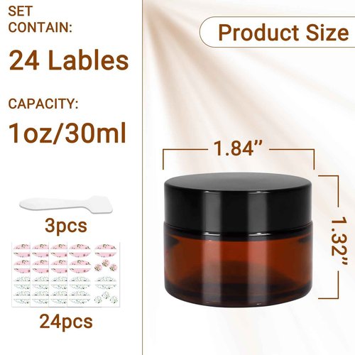 Keketin 1 oz Amber Glass Jars,24 Pack Empty Cosmetic Containers with Black Screw Lids,Refillable Round Cream Jars for Lotion,Bath Salts,Travel