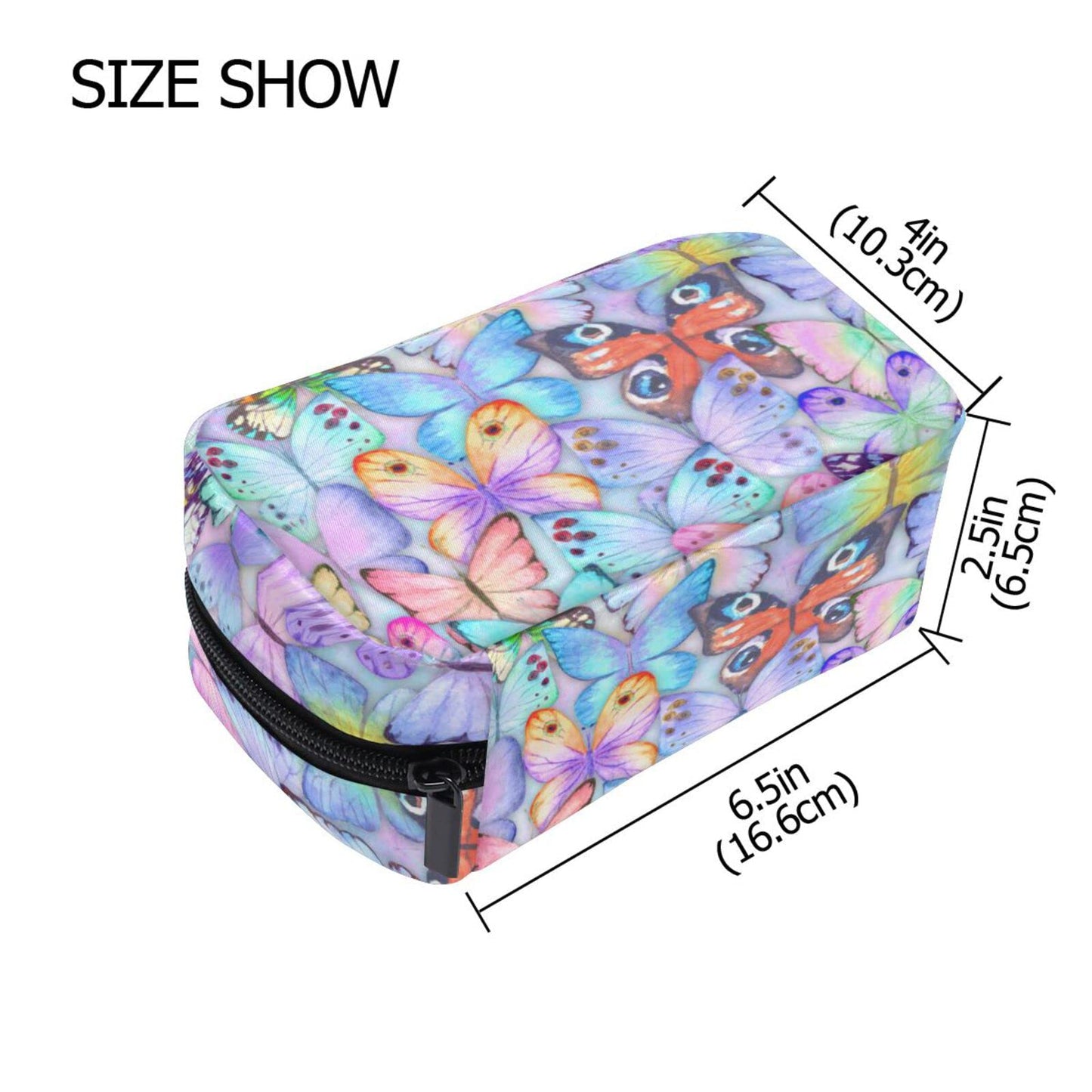 JHKKU Makeup Bag Butterfly Colorful Square Cosmetic Bag Portable Travel Toiletry Bag Black Zipper Storage Bag for Women