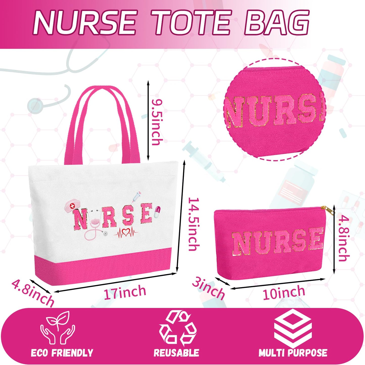 CIXICM 2 Pcs Tote Bag Gift for Nurse,Nurse Gifts Nurse Makeup Bag,Nurse bag Grocery Reusable Bags with Inner Zipper Women Gift,Canvas Nurse Tote Bag(Rose Pink)