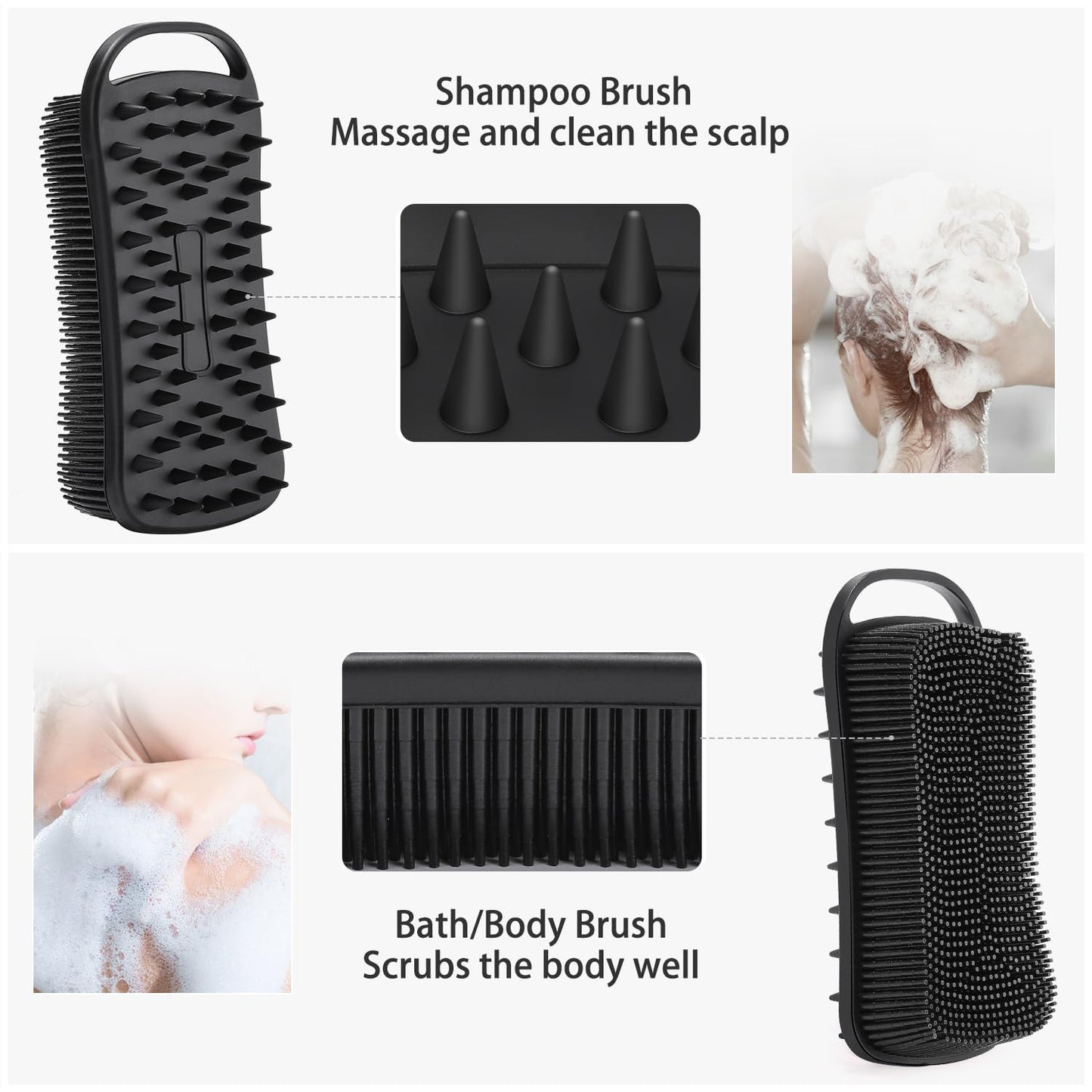 2 Pack Silicone Exfoliating Body Scrubber, 2 in 1 Body Brush & Hair Scalp Brush for Shower and Bath, Soft Silicone Loofah, Easy to Clean with Optimal Lathering (Black, Green)