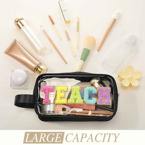Kacctyen Teach Bag Pouch Teacher Gift Survival Kit Bag Clear Makeup Chenille Letter Cosmetics Nylon Toiletry Waterproof Makeup Travel Pouch Teacher Stuff for Women