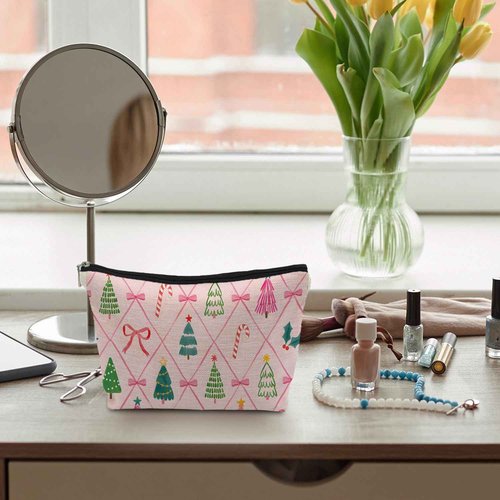 ignytiger Pink Christmas Makeup Bag, Preppy Xmas Holiday Gifts Supplies Cosmetic Bags for Women, Pink Red and Green Canvas Makeup Bags Zipper Pouches for Purse