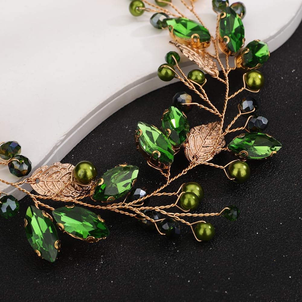 Teyglen Bride Wedding Hair Vine Bridal Gold Leaf Crystal Headband Handmade Green Red Black Rhinestone Pearl Hair Pieces Headpieces Hair Accessories for Bride Women Girls (Green)