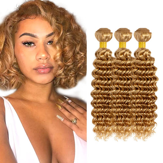 Color #27 Human Hair Bundles Blonde Human Hair Bundles Honey Blonde Deep Wave Bundles 14 16 18 inch Mixed Length 3 Bundles Blonde Wet and Wavy Bundles