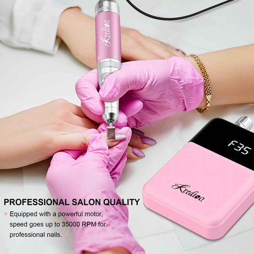 Kredioo Portable Nail Drill 35000 RPM, Rechargeable Electric Nail File E File Kit with Storage Bag Professional Manicure Kit for Nail Lovers Salon Home DIY-Pink