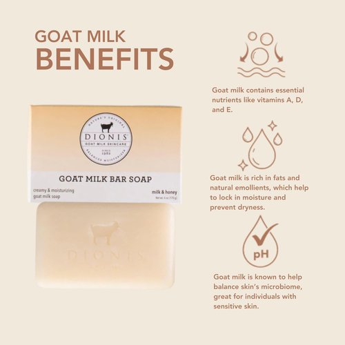 Dionis Goatmilk Milk and Honey Scented Hand and Body Soap Bar, Hydrating Moisturizing Wash for Sensitive Skin, Gentle Lasting Hydration, Cruelty Free, Non Greasy, Paraben Free, Made in The USA, 6 oz