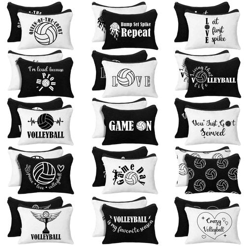 Irenare 30 Pcs Volleyball Cosmetic Bag Gifts for Women Stuff Volleyball Players Teams Travel Pouch Canvas Makeup Bags for Team Gifts(Black, White,Volleyball)