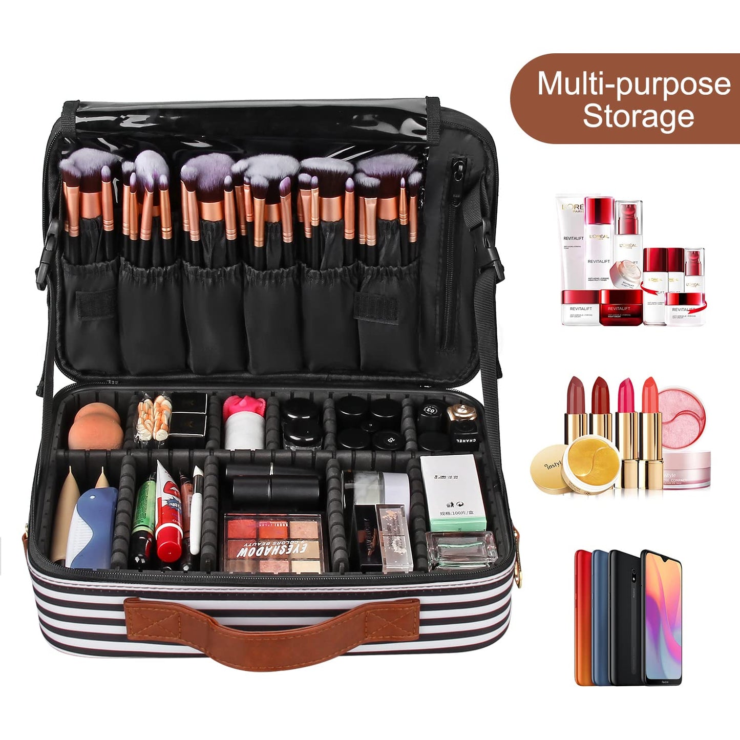 Relavel Makeup Bag Travel Makeup Train Case 13.8 inches Large Cosmetic Case Professional Portable Makeup Brush Holder Organizer and Storage with Adjustable Dividers and Shoulder Strap(Stripe)