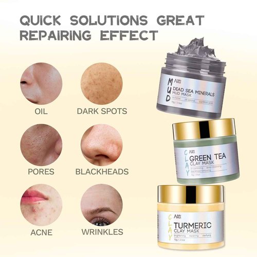 ANAI RUI 3Pcs Face Mask Set, Turmeric Clay Mask - Green Tea Face Mask - Dead Sea Minerals Mud Mask, Holiday Gift Set, Stocking Stuffers for Women &Teen Girls, Self Care Gifts for Women 2.5 oz each