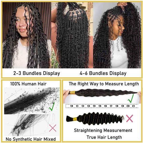 Bulk Human Hair Braiding for Boho Braids Deep Curly Wave Human Hair Bundles for Black Women 22 Inch 100g No Weft Glueless Wet and Wavy Brazilian Virgin Human Micro Braiding Hair Extensions
