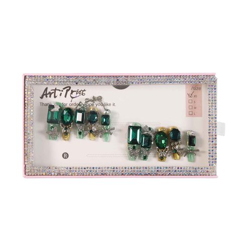 ArtiPrint Press on Nails Set with Emerald Green Large Rhinestones Butterfly Easy to Apply & Gentle on Nails, Women’s Dramatic Cosplay, Gift Box Included (DM024, S)