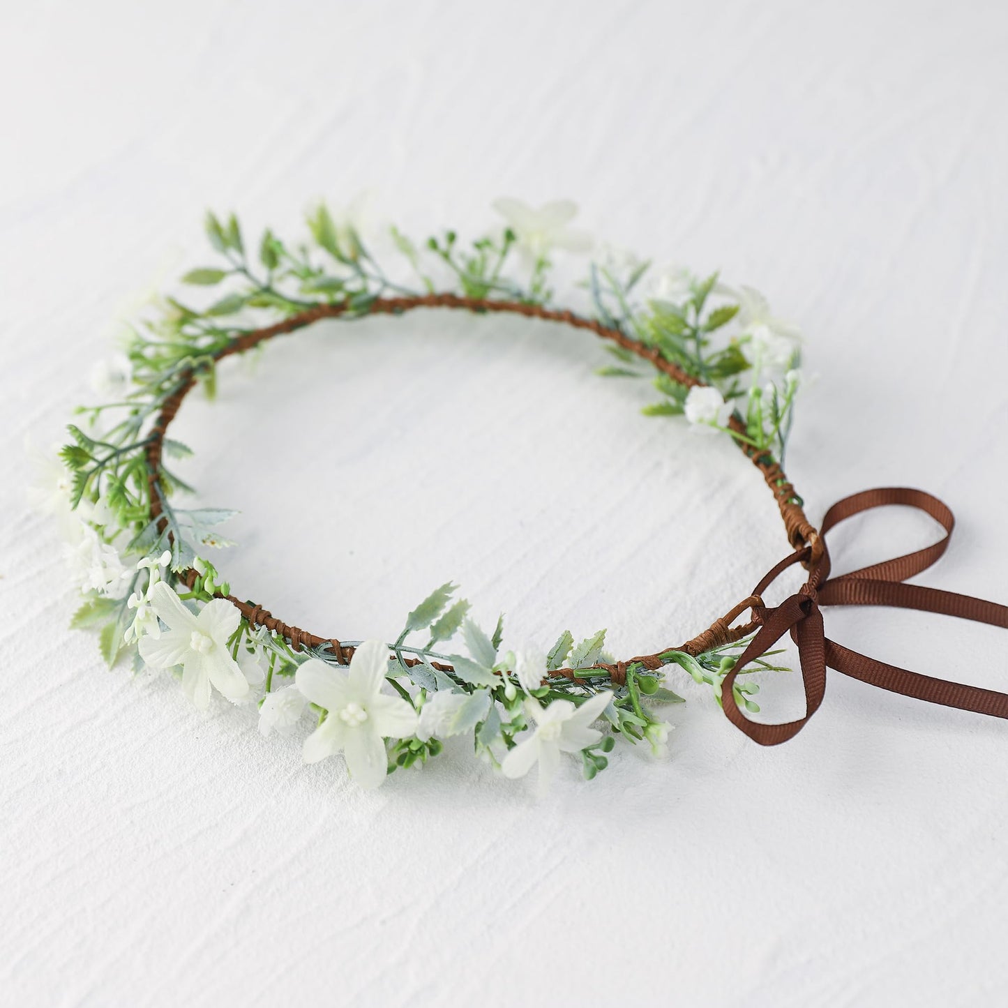 KorViSHOW Handmade White Flower Crown Green Leaf Headband Floral Headpiece Fairy Hair Wreath Flower Hair Accessories for Girls Weeding Bride Cosplay Party