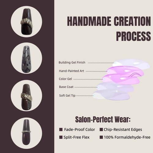 30PCS Handmade Press-On Nails – Long Coffin Dark Brown Leopard with Gold Accents – No Size Measuring Needed – Luxury Gift Set with Glue, Tools & Acrylic Box – Reusable Nail Kit for Women