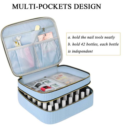 LYFFXYH Double-Layer Nail Polish Organizer, Nail Polish Storage with Handle, Nail Bag Organizer Case for Professional Manicure Kit & Travel (Blue, 42 Bottles-Small)