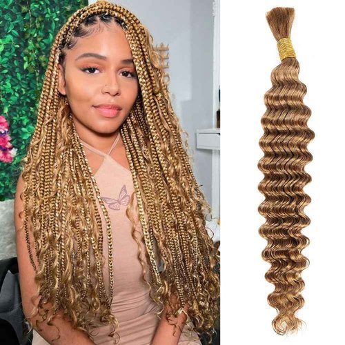 Deep Wave Bulk Human Braiding Hair 50g 22 Inch Honey Blonde Human Braiding Hair for Boho Braids 1 Bundle/Pack No Weft Color 27# 100% Brazilian Human Braiding Hair Extensions for Micro Braiding