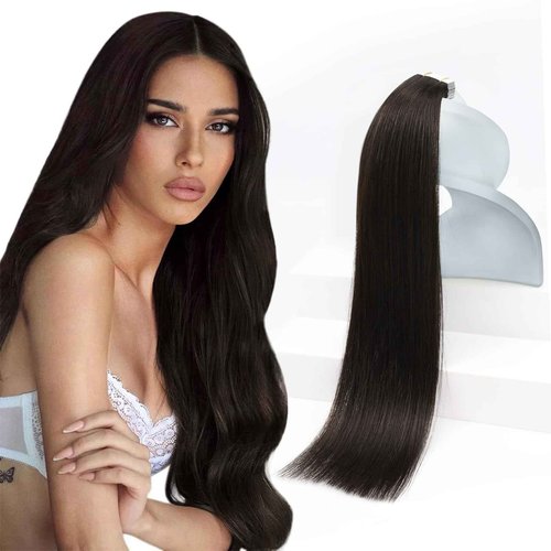 Sunny Hair Tape in Hair Extensions Real Human Hair Invisible Remy Hair Extensions Tape ins for Women Darkest Brown 22 inch 20Pcs 50G