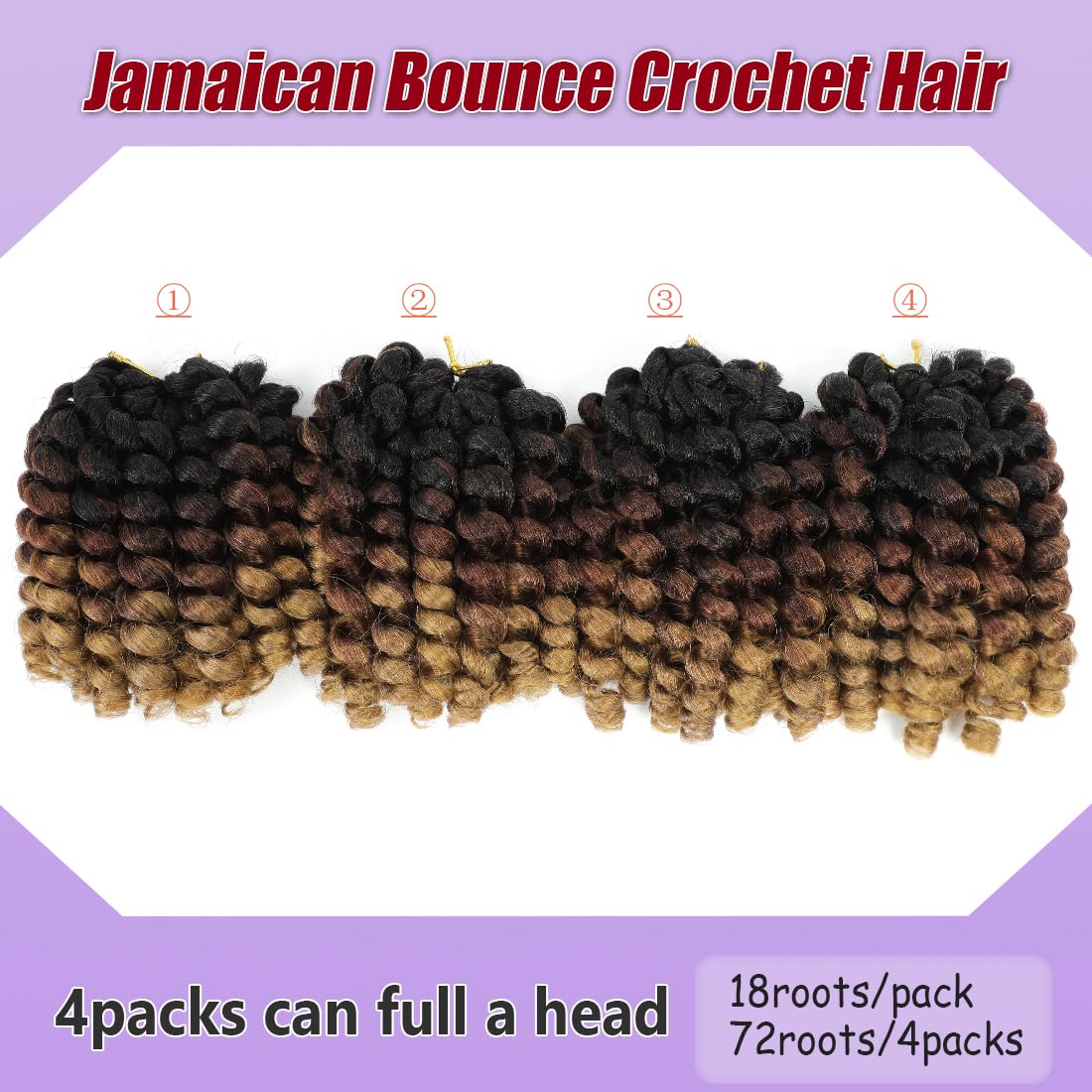 GetMaige Jamaican Bounce Crochet Hair For Black Women 4packs 72 Roots Natural Black Jumpy Wand Curls Crochet Hair Short Pre Looped Curly Crochet Hair (8inch（pack of 4), 1B/30/27)