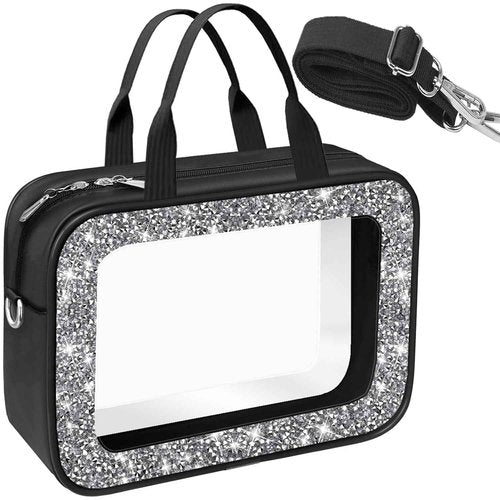 Meetart Clear Makeup Bag.Crushed Diamond Travel Toiletry Bag with Detachable Shoulder Strap.Transparent Cosmetic Bag for Travel, Bathroom Storage.(Black)