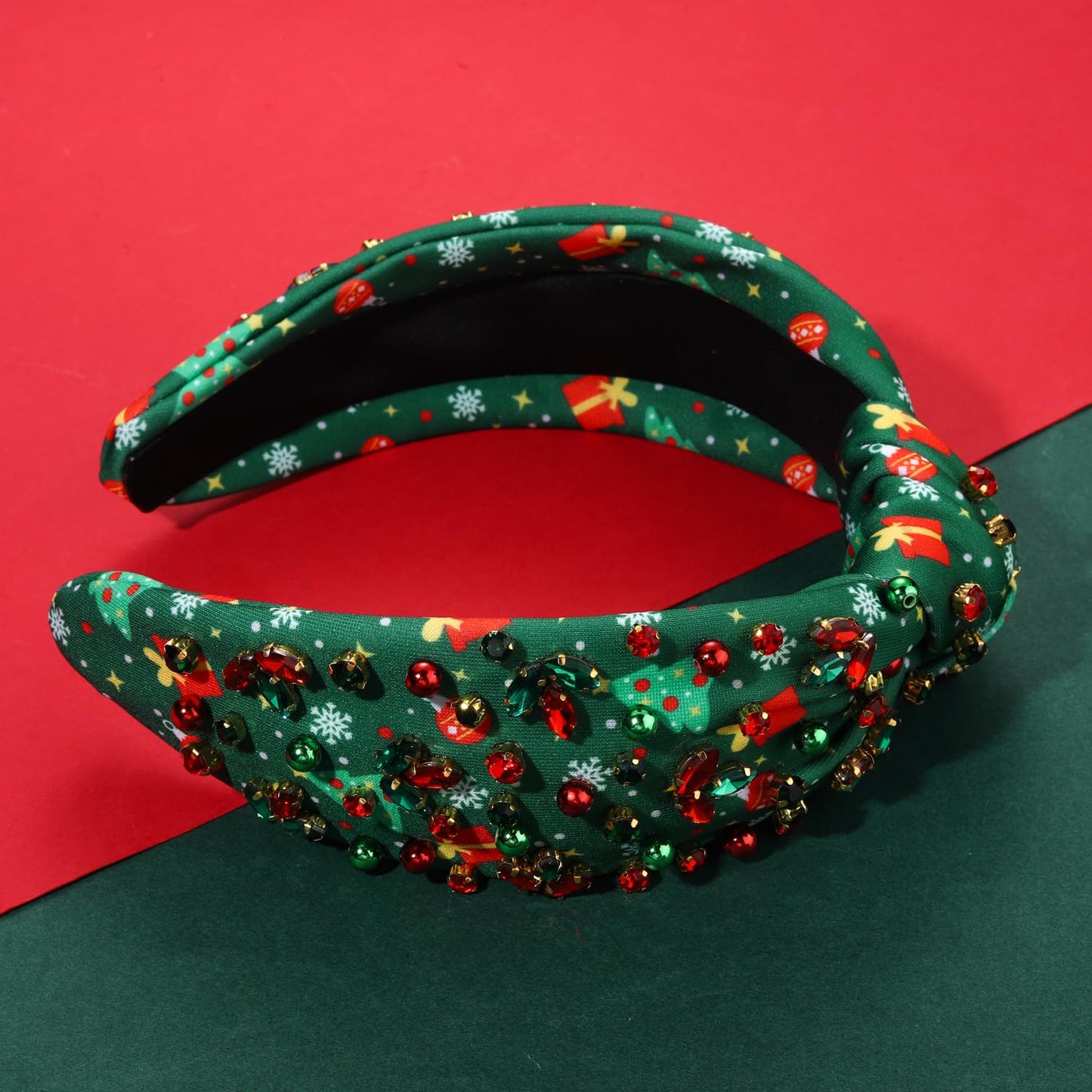 Christmas Headband Crystal Knotted Headbands for Women Girls Red Green Rhinestone Jeweled Embellished Wide Top Knot Hairband Xmas Holiday Party Hair Accessories (Green-Box Print)