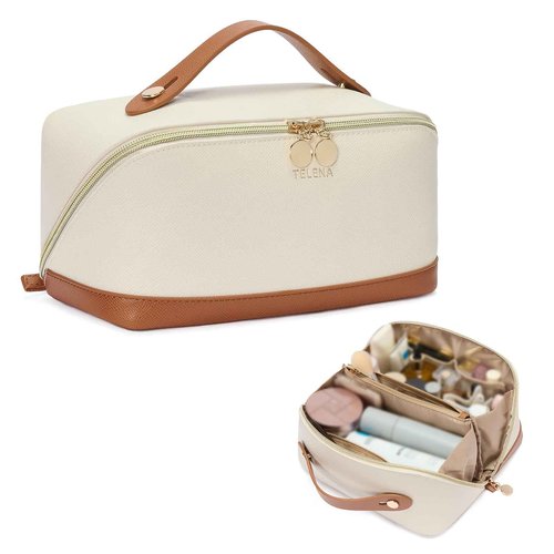 Telena Leather Make Up Bag Portable Travel Makeup Bag Waterproof Cosmetic Bags for Women Large Capacity With Handle and Divider Open Flat