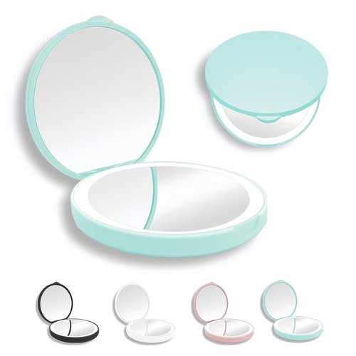PAWPRO Mini Mirror with Lights,1X/10X Magnification LED Compact Mirror with Nternal BIattery,Mint Green Travel Mirror for Purse, Pocket,Travel and Present