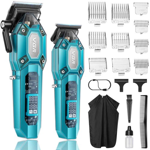 VGR Professional Hair Clippers for Men, Cordless Barber Clippers and Trimmers Set, Mens Hair Cutting Kit with 10 Guide Combs, USB Rechargeable Haircut Machine for Family, LED Display, Green