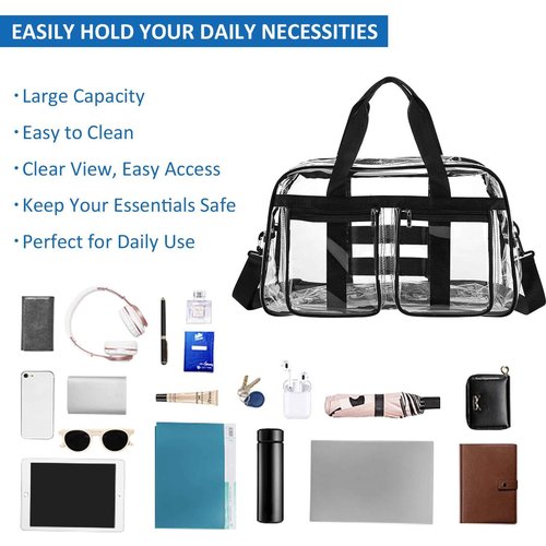 Enkrio Large Clear Tote Bag Clear Duffle Toiletry Bag with Zipper Transparent See Through Bag for Work Sports Gym Beach (Black)