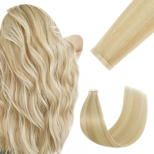 FUOTONBUTY Tape in Hair Extensions Human Hair Balayage Caramel Blonde to Bleach Blonde 12 inch 20 pcs/40g Double Stitched Real Human Hair Extensions Lightweight Invisible Thick Ends