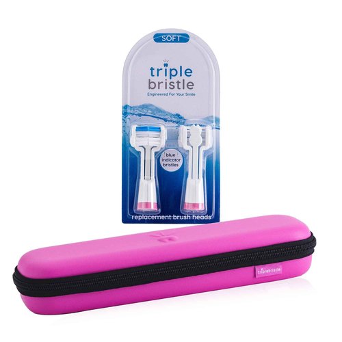 Triple Bristle Toothbrush Travel Case & Replacement Brush Heads (Pink) Bundle