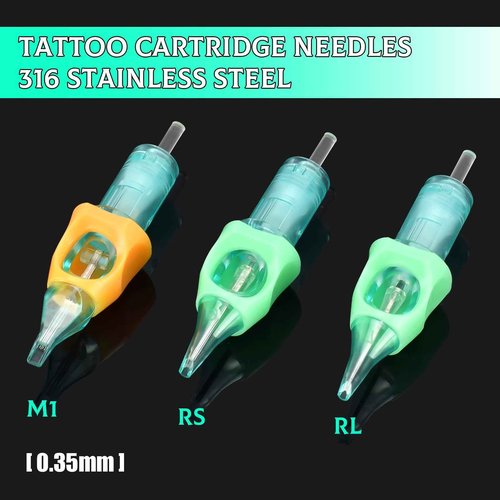 50pcs Mixed Tattoo Cartridge Needles, ATOMUS Assorted Disposable Tattoo Needle 3RL 5RL 7RL 9RL 3RS 5RS 7RS 9RS 5M1 7M1 for Tattoo Machine (Green)